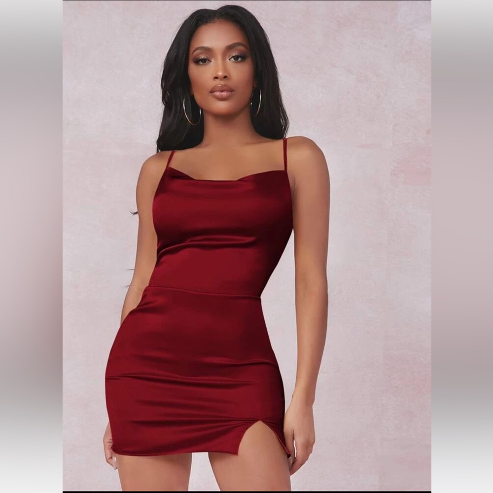SHEIN Burgundy Sexy Split Satin Cami Bodycon Dress Size 8/10